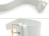 two pictures of a white belt with a gold buckle
