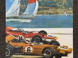 une affiche représentant une voiture de course et un voilier sur la plage