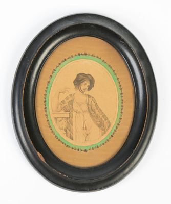 an old picture of a woman in a dress is shown in a black frame