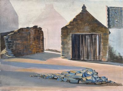 tableau représentant un vieux bâtiment en pierre devant lequel se trouve un tas de pierres