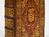 a brown and gold book sitting on top of a white surface