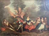 an old painting of a group of people dancing around a fire