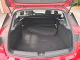 the back of a red car with its trunk open and the seat down