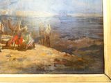 un tableau représentant un groupe de personnes assises sur une plage