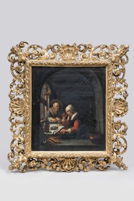 un vieux tableau représentant un homme et une femme jouant d'un instrument de musique