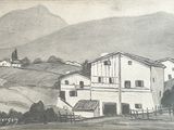 drawing of a house in a hilly area with a mountain in the background