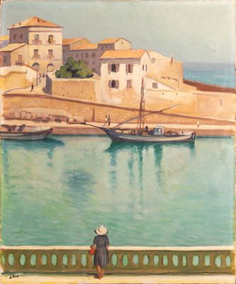 painting of a woman sitting on a ledge looking out over the water