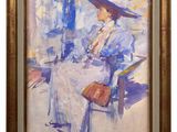 an oil painting of a woman sitting at a table with a hat on