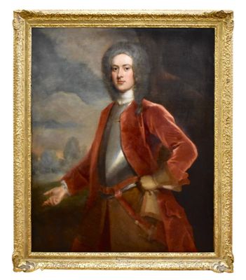 un vieux tableau représentant un homme vêtu d'un manteau rouge et tenant un pistolet