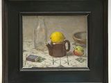 a picture of a painting of a teapot with a lemon on it