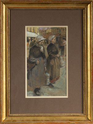 une image représentant un tableau où l'on voit un homme et une femme marchant dans la rue