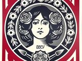 a red and white poster with a woman ' s face on it