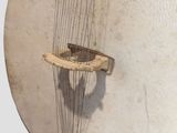 a white drum with strings hanging from it ' s neck