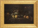 tableau représentant une nature morte composée de fruits posés sur une table, dans un cadre doré