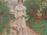 tableau représentant une femme marchant sur un chemin de terre avec un panier de fleurs