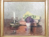 an oil painting of a still life with a candle and flowers