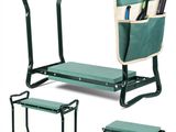un banc de jardin vert avec deux sièges et un sac