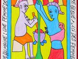 tableau représentant un homme et une femme jouant avec un chat