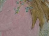 painting of a young girl with flowers in her hair in a pink dress