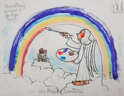 drawing of a man holding a paintbrush and a palette with a rainbow in the background
