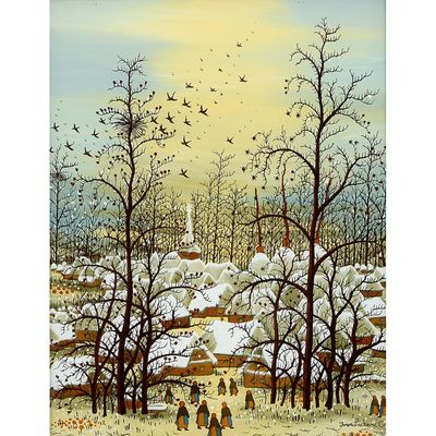an image of a painting of people walking in the snow