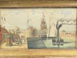 a picture of a painting of a harbor scene