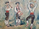 tableau représentant trois hommes jouant d'un instrument dans un champ d'herbe