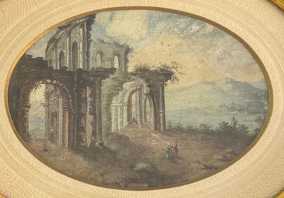 painting of a painting of a ruined building with a man and a dog in the foreground