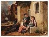 une image représentant un tableau où l'on voit un groupe d'enfants devant une maison