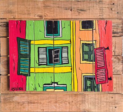 a picture of a picture of a colorful building on a pallet