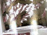 a glass vase with a gold and red design on it