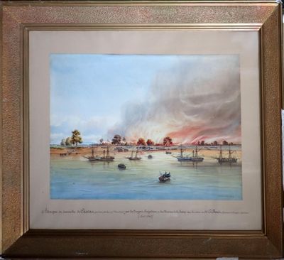 tableau représentant une vue d'une rivière avec des bateaux sur l'eau