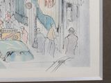 painting of a city street scene with a car and people