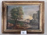 tableau représentant un paysage avec une rivière et un pont, dans un cadre doré