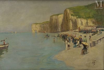 une peinture de personnes sur la plage au bord de l'eau