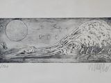 drawing of an animal laying on the ground in front of a full moon