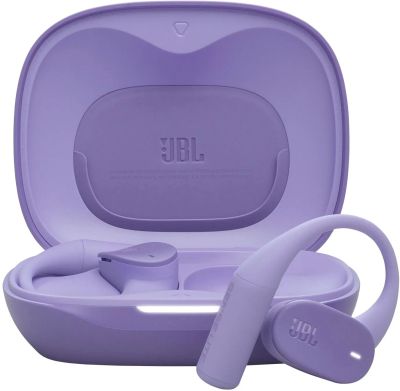 Les JBL Charge Buds sont rangés dans un étui violet muni d'une poignée blanche