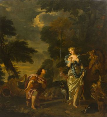 a painting of a woman and a man in a wooded landscape