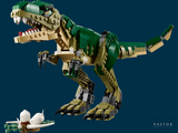 a lego t - rex that is standing in front of a mouse