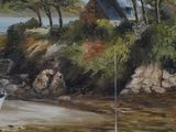 a painting of a boat on the shore of the water