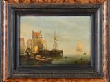 an oil painting of a harbor scene with boats and people on the water