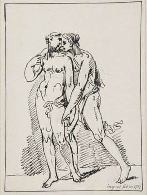 un dessin en noir et blanc représentant un homme et une femme debout l'un à côté de l'autre