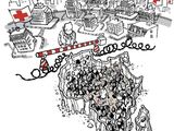 dessin représentant un groupe de personnes debout devant un symbole en forme de croix rouge
