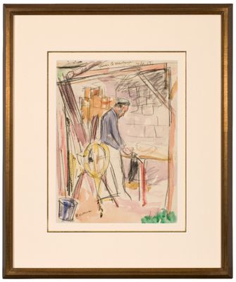 tableau représentant un homme vêtu d'une veste bleue et d'un chapeau, debout à côté d'une table sur laquelle se trouve une horloge