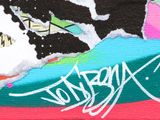 a painting of a cow on a surfboard on the beach