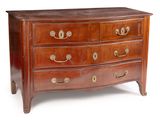 a wooden chest of drawers with brass hardware on the drawers