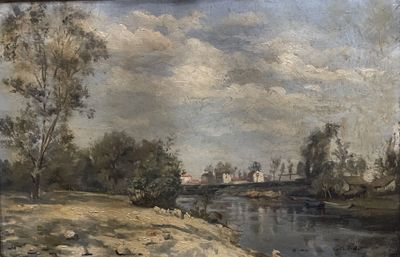 une peinture d'une rivière avec un pont à l'arrière-plan