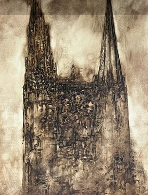 tableau représentant une grande cathédrale avec une tour horloge en son centre