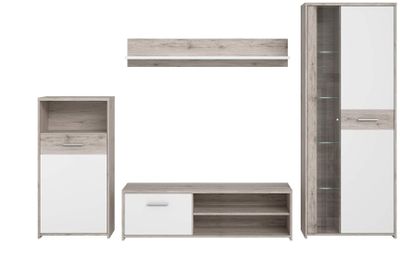 une photo d'un meuble TV blanc et gris, muni d'étagères et de tiroirs