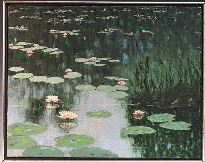 a painting of water lillies in a pond of water